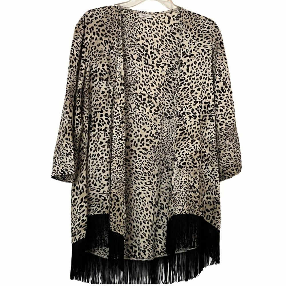 Swenia Leopard Print Fringed Hem Open Front Cardigan 3/4 Sleeve M (No Si…